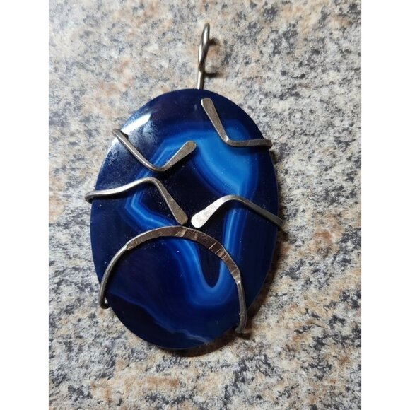 Abstract Blue Agate Pendant Wrapped In Sterling Silver - Hand Crafted - Picture 2 of 3